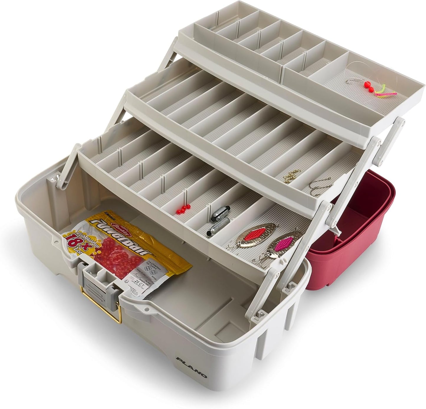 Plano Tackle Box | Three-Tray Salmon Kit with Rust-Proof Brass Latch - Maroon/Grey, Deep Storage Compartments