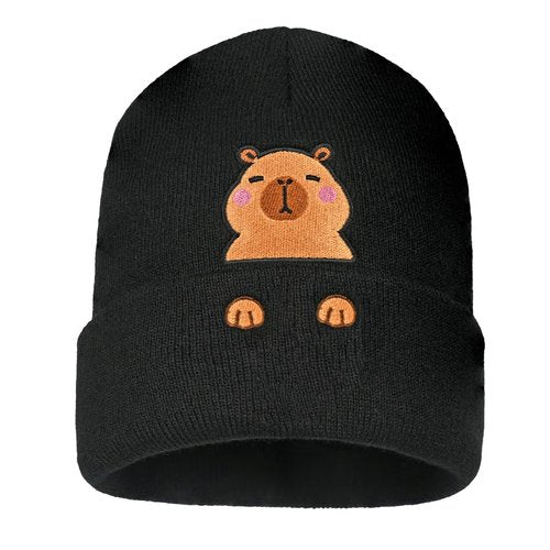 Zgboaht Capybara Head Embroidery Knit Beanie Hat for Adult and Big Kids Personality Watch Cap Winter Warm Skull Cuffed Hats