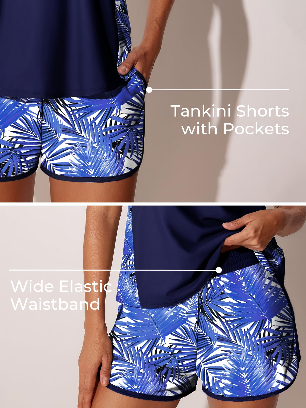 Summer Mae Blouson Tankini Swimsuits for Women 2026 Tummy Control Two Piece Bathing Suits with Sporty Pockets Swim Shorts Azure Leafsea Size 16