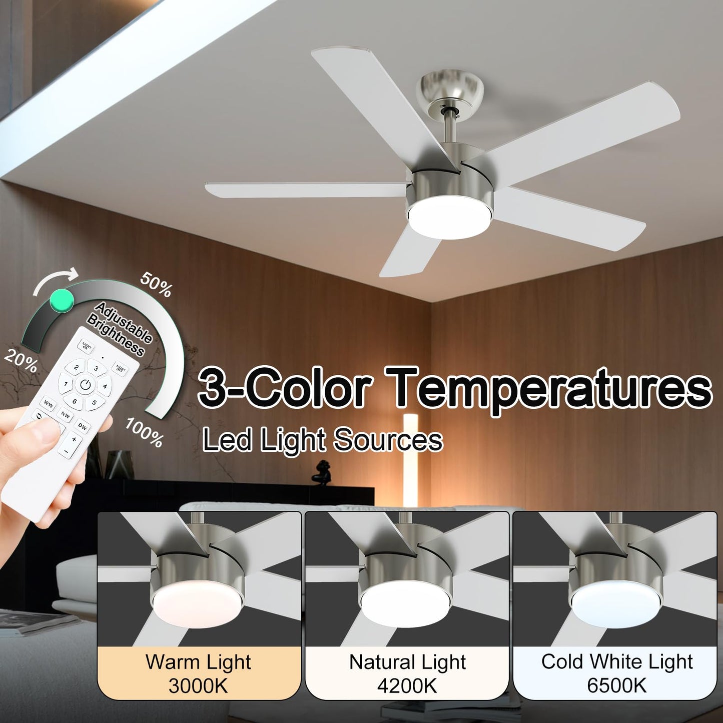 POCHFAN 42 Inch Brushed Nickel Ceiling Fans with Lights,Ceiling Fan with Remote Control,Reversible DC Motor,3 CCT 6-Speed,Noiseless Ceiling Fan for Bedroom,Living Room,Dining Room,ETL Listed