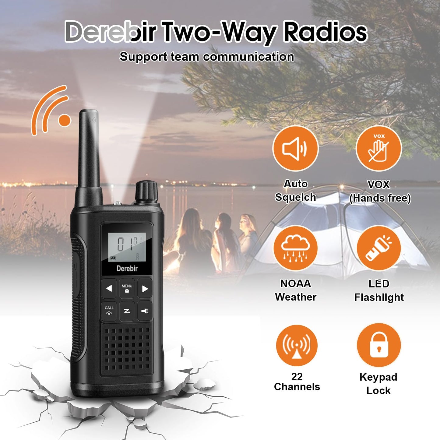 Derebir Walkie Talkies for Adults-4 Pack, Rechargeable Walkie Talkies Long Range 22 FRS Channel 2-Way Radios with NOAA Weather Alert,VOX,Flashlight and 1500mAh Li-ion Battery for Family Hiking Camping