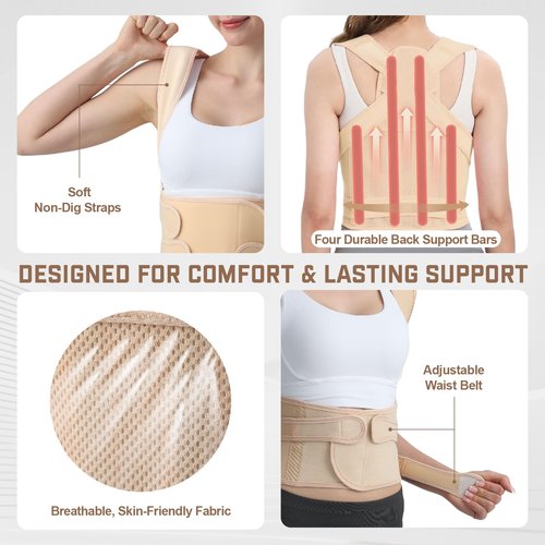 BLACKYEW Posture Corrector for Women & Men, Adjustable Back Brace Shoulder Straightener, Full Back Support for Upper & Lower Back Pain, Hunchback, Scoliosis Relief (Medium, Beige)
