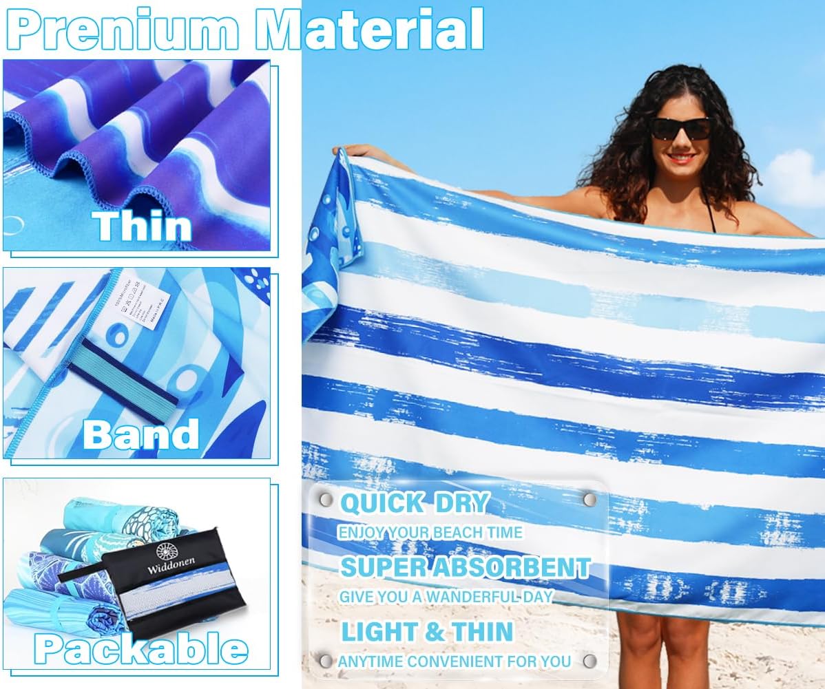 Widdonen Lightweight Microfiber Beach Towel - Sand-Free, Quick Dry, Extra Large, Soft & Compact
