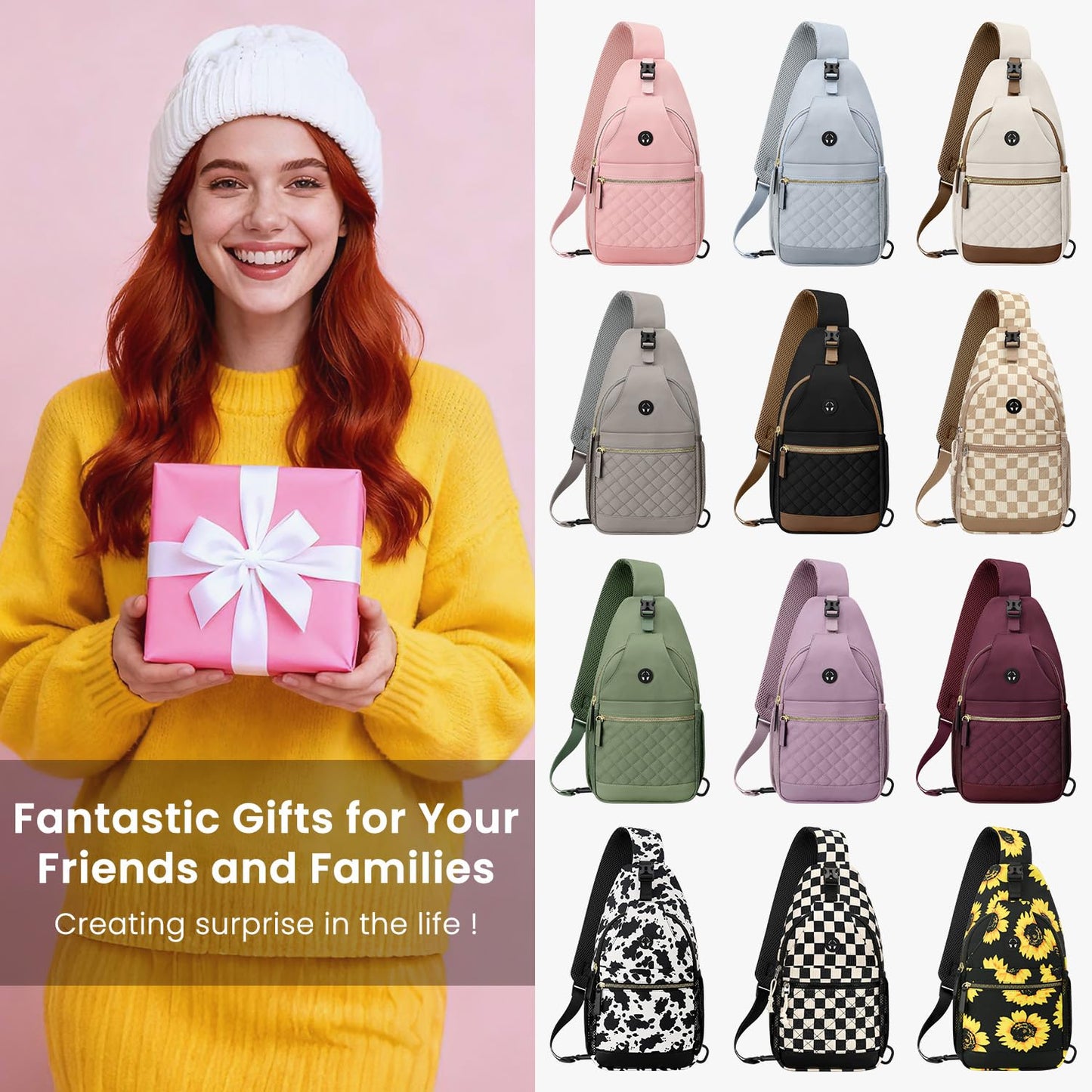 Vankor Large Crossbody Purses Bags for Women Men Travel, Chest Sling Bag Women Casual Cross Body Bag for Woman Sling Backpack PInk