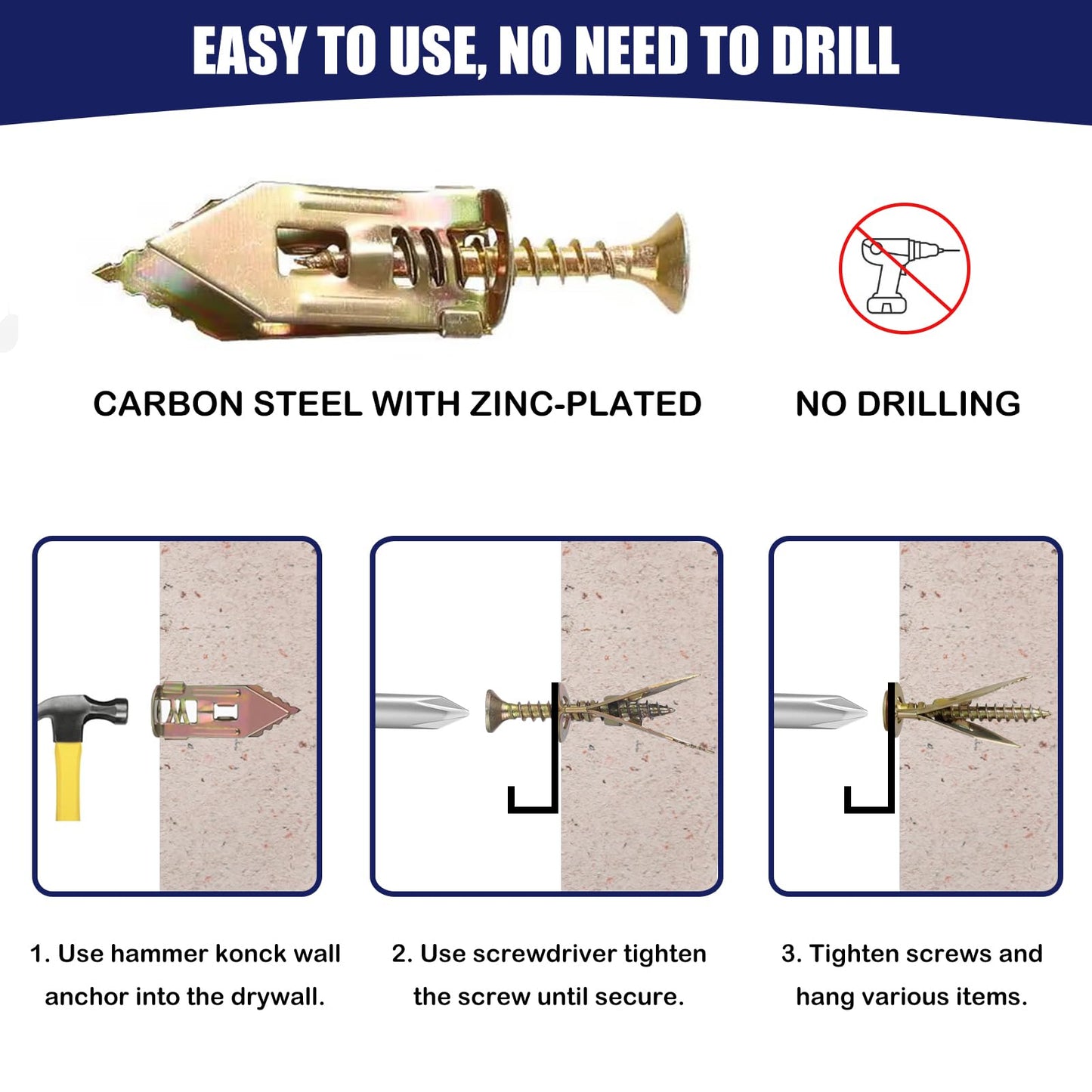 Maozaa 150 pcs Self-Drilling Drywall Anchors with Screws, 0.47x1.18 Inch Zinc Plated Steel Drywall Wall Anchors and Screws Kit Heavy Duty, Easy Application No Drill or Holes in Wall