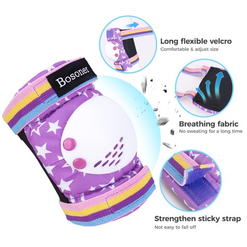 BOSONER Kids Roller and Skate Pads: Knee Pads and Elbow Pads for Kids 3-15 - Protection Gear for Girls/Boys, Purple Star