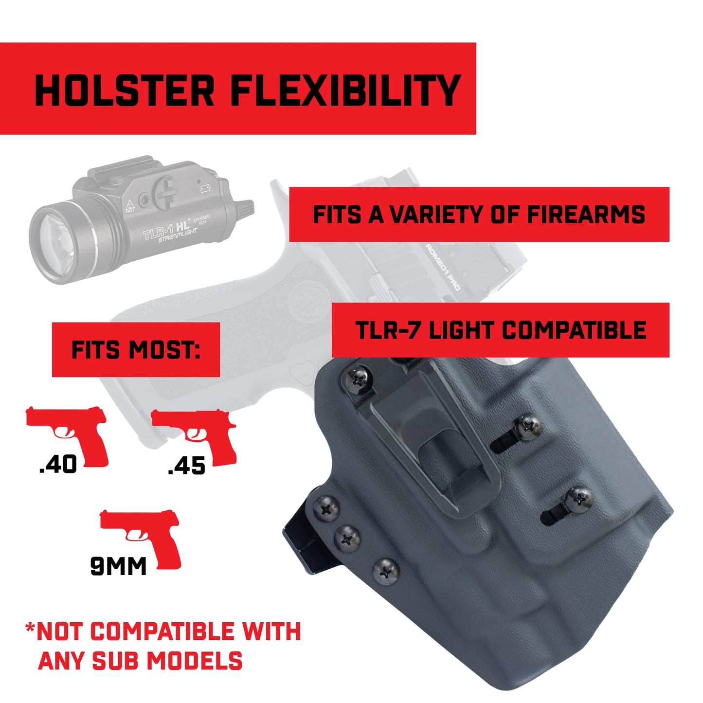 Crucial Concealment® - Ambidextrous Universal Light Holster for TLR-1/TLR-1 HL | Concealment Holster with Light | Adjustable Retention | IWB Holster Clip