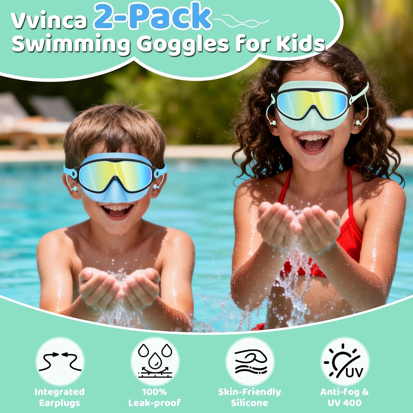 Vvinca Kids Swim Goggles - Anti-Fog Wide View with Nose Cover & Earplugs | Ages 3-12