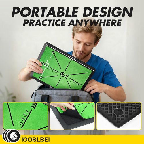 IOOBLBEI Golf Hitting Mat, 16"x12" Golf Practice Mat with Swing Path Feedback, Artificial Simulated Replaceable Turf Golf Mat for Indoor Outdoor Home Training, Portable Golf Training Mat for Golfer
