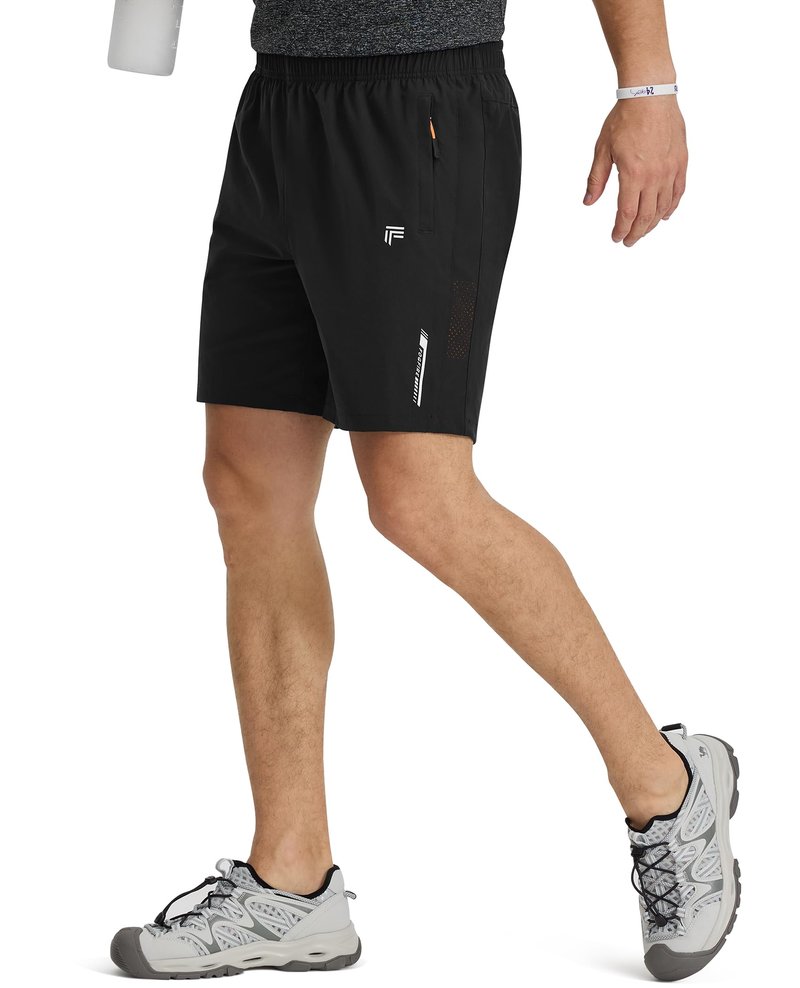 FOGFIRE Men's Athletic Running Shorts with Zipper Pockets Quick Dry Drawstring 7" Gym Shorts for Basketball Workout Jogging-Black