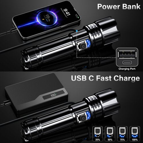 AKNEAR Rechargeable LED Flashlight 99000 High Lumens, Super Bright Flashlights with Zoomable & USB C Rechargeable & 5 Light Mode & IPX-7 Waterproof, Powerful Flash Light for Home, Hiking, Camping
