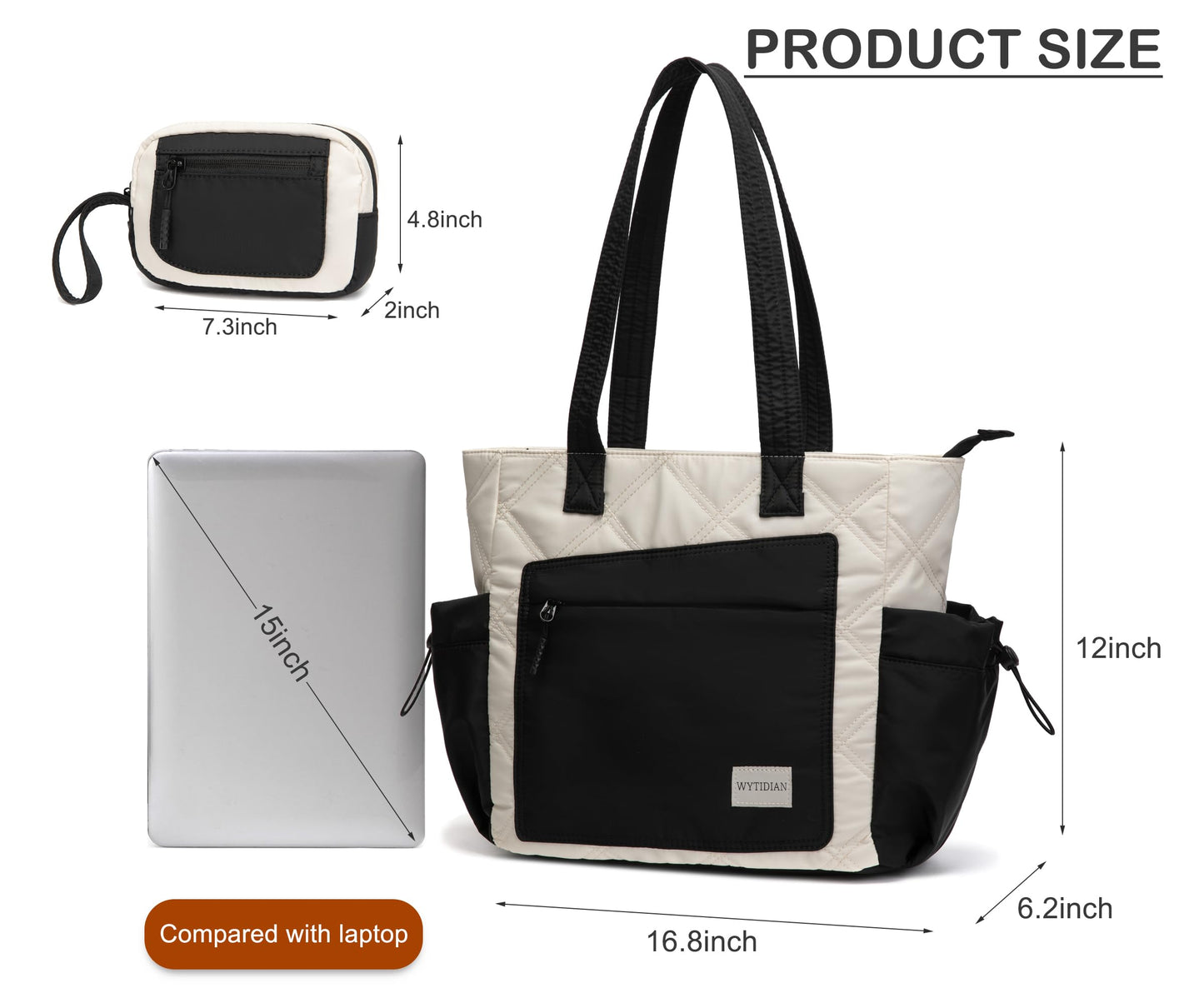 Wytidian 2PCS Women Tote Bag, Puffer Lightweight Shoulder Bags, Quilted Nurse Totes with Zipper for Work, Traveling, College (White-black)