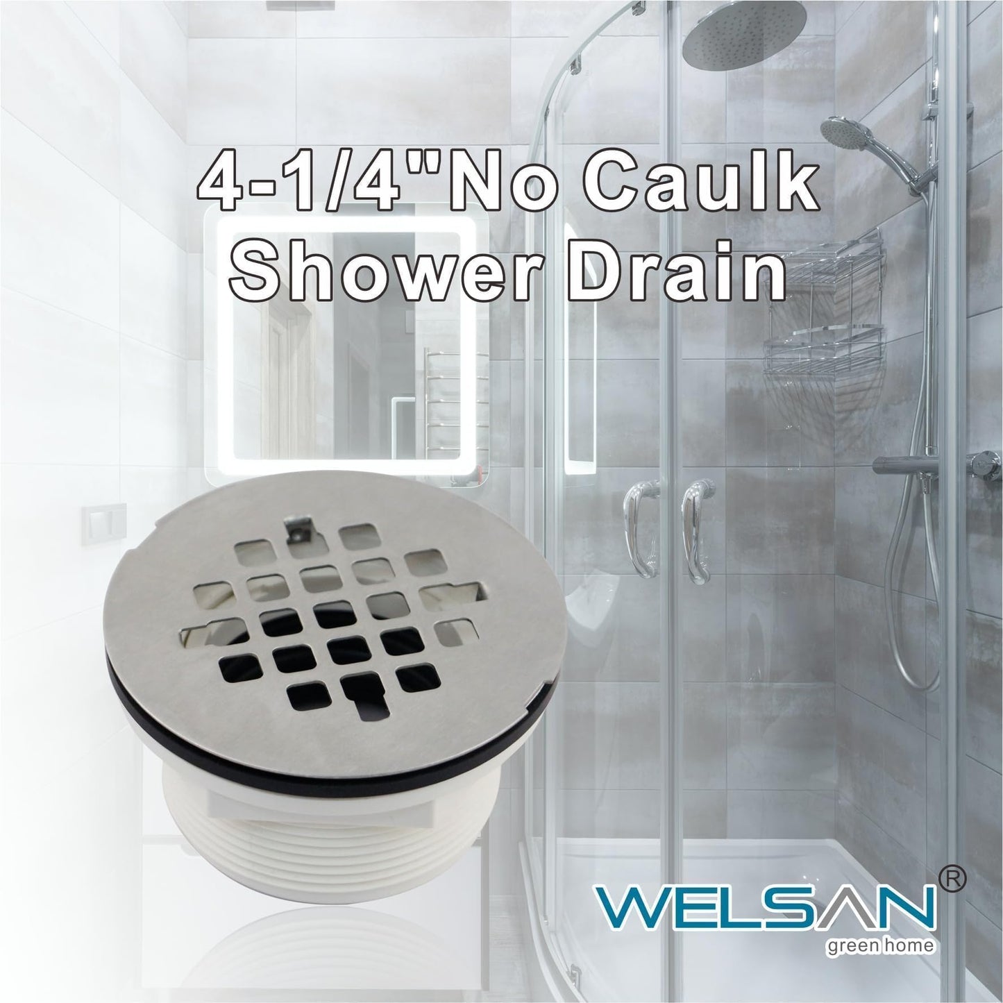 Brushed No Caulk Shower Drain, Welsan PVC Compression Shower Floor Drain with 4-1/4" Stainless Steel Round Grid Strainer Cover, Brushed Nickel