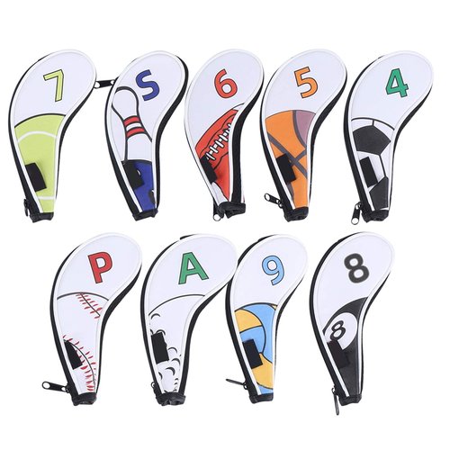 Keenso Golf Iron Cover,9Pcs Number Tag Golf Iron Covers Sleeve Digital Zipper Sport Pattern Protective PU Golf