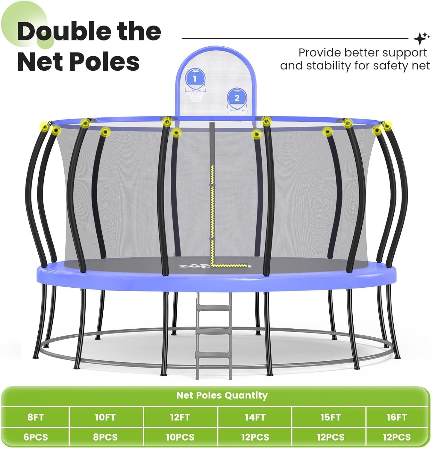 Zupapa 1800LBS Capacity Double Frame Trampoline - No-Gap Safety Design | Curved Poles & Basketball Hoop - 12FT to 16FT