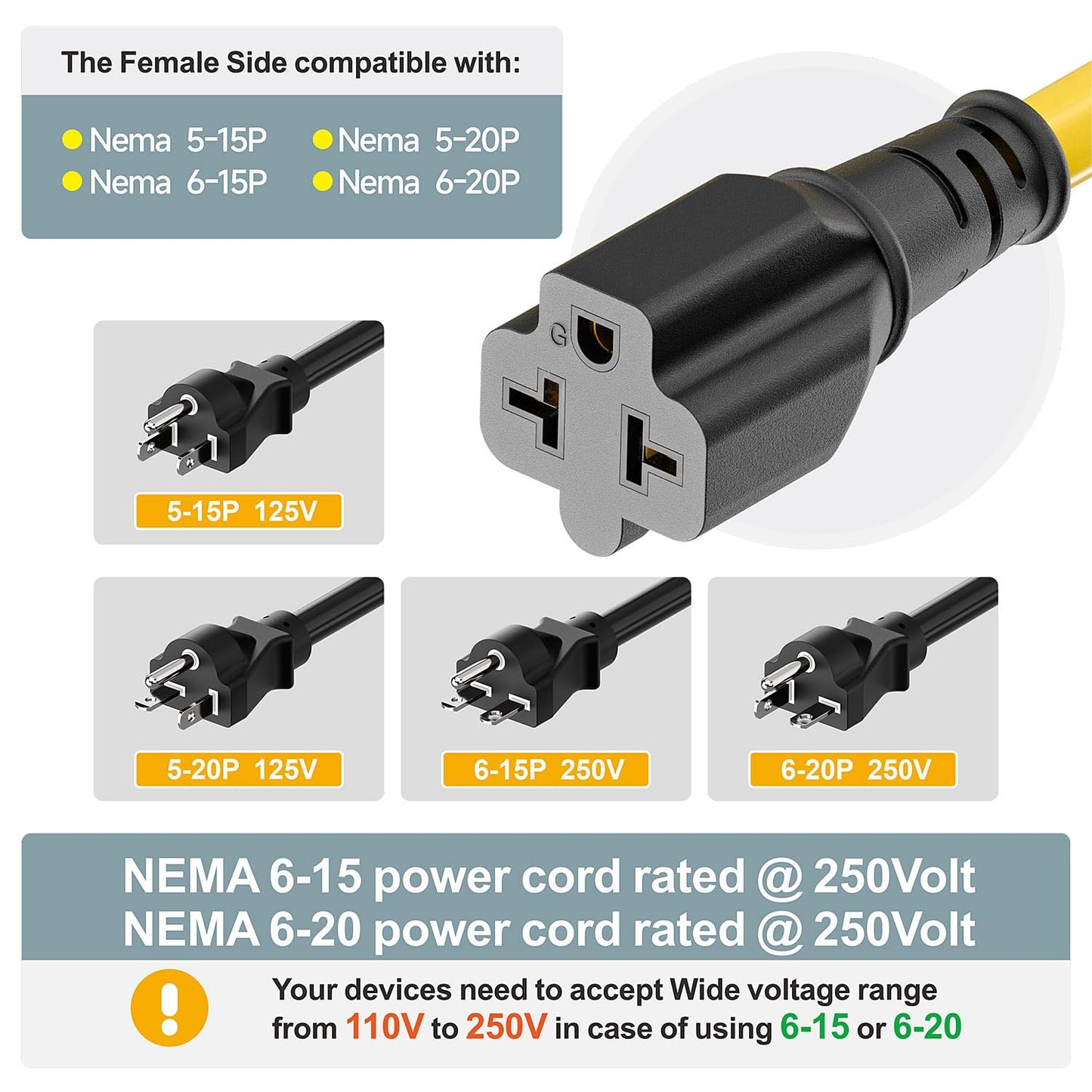 1-Foot Nema 5-15P to 4-in-1 Female Adapter Cable, 6-20R 12AWG Heavy Duty EV Charging Power Adapter,15A Household Plug to 6-20R T Blade Adapter Cord Yellow Cord