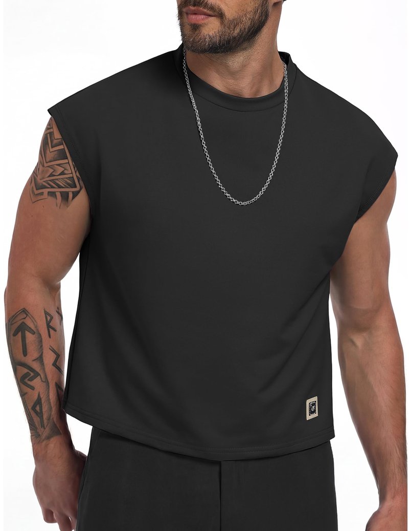 Vssjavun Mens Crop Top Cap Sleeve Oversized Shirt Gym Tank Tops Cropped T Shirts Crewneck Pullover Tee Black Medium