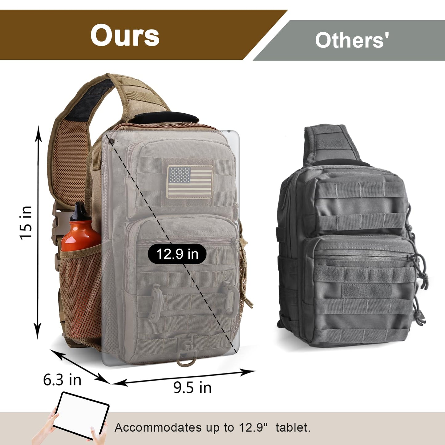 Rover Sling Pack Tactical Shoulder Sling Bag Backpack with Bottle Holder Crossbody Chest Bag, Coyote