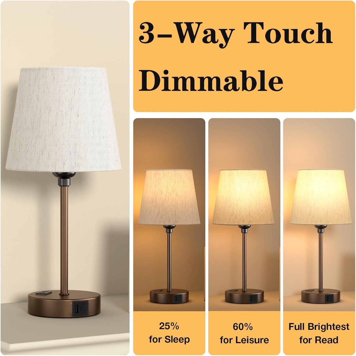 Set of 2 Mini Bedside Lamps with USB-C & AC Outlet - Dimmable Touch Nightstand Lights for Bedrooms
