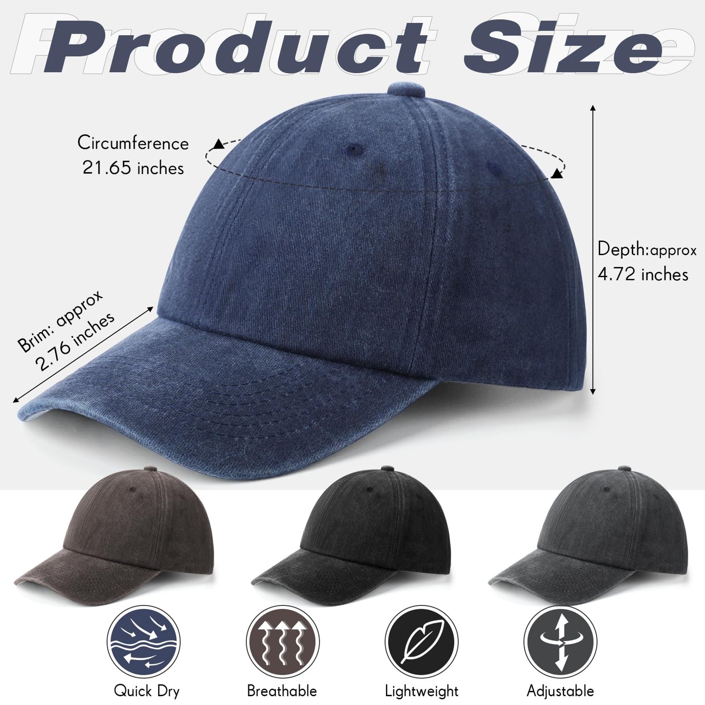 Geyoga 4 Pieces Washed Cotton Baseball Cap Adjustable Twill Plain Hat Unisex Baseball Cap Vintage Hat (Black, Dark Gray, Navy Blue,Brown)