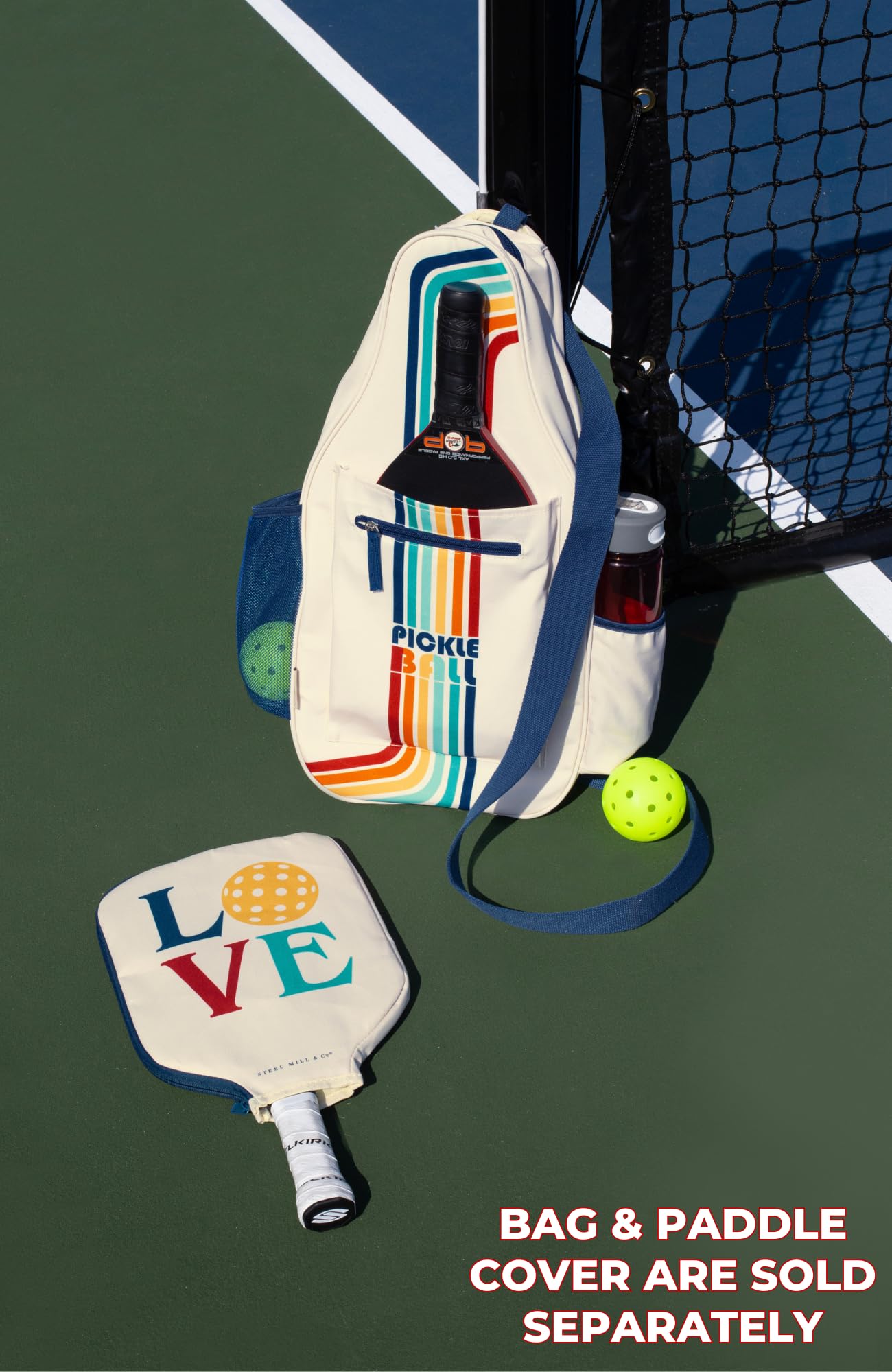 STEEL MILL AND CO. Pickleball Bags for Ladies and Men, Unisex Pickleball Bag Holds 4 Pickleball Paddles, Adjustable Sling Bag with Fence Hook and Water Bottle Holder, Retro Stripe