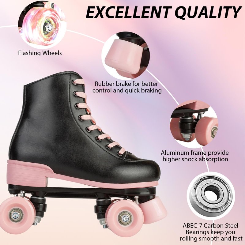 Silvertree Roller Skates for Women and Men PU Leather High-top Adult Roller Derby Skates Wheels Light Up Roller Skate Four-Wheel Shiny Roller Skate Unisex (US:7.5)
