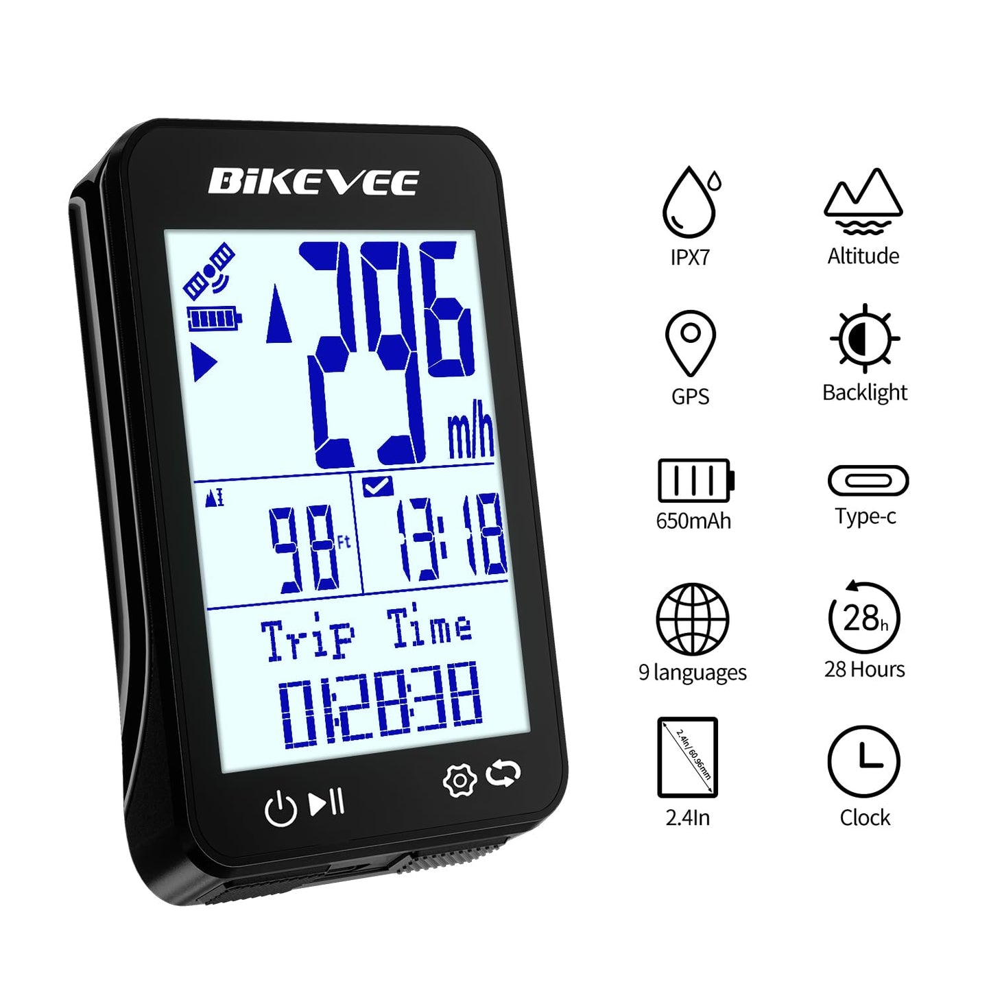 Bikevee GPS Bike Computer Wireless Bicycle Speedometer Odometer 9 Languages Auto Backlight Auto Start Stop IPX7 Waterproof 2.4 Inch LCD with Out Front Mount Supports MPH KMH - Black