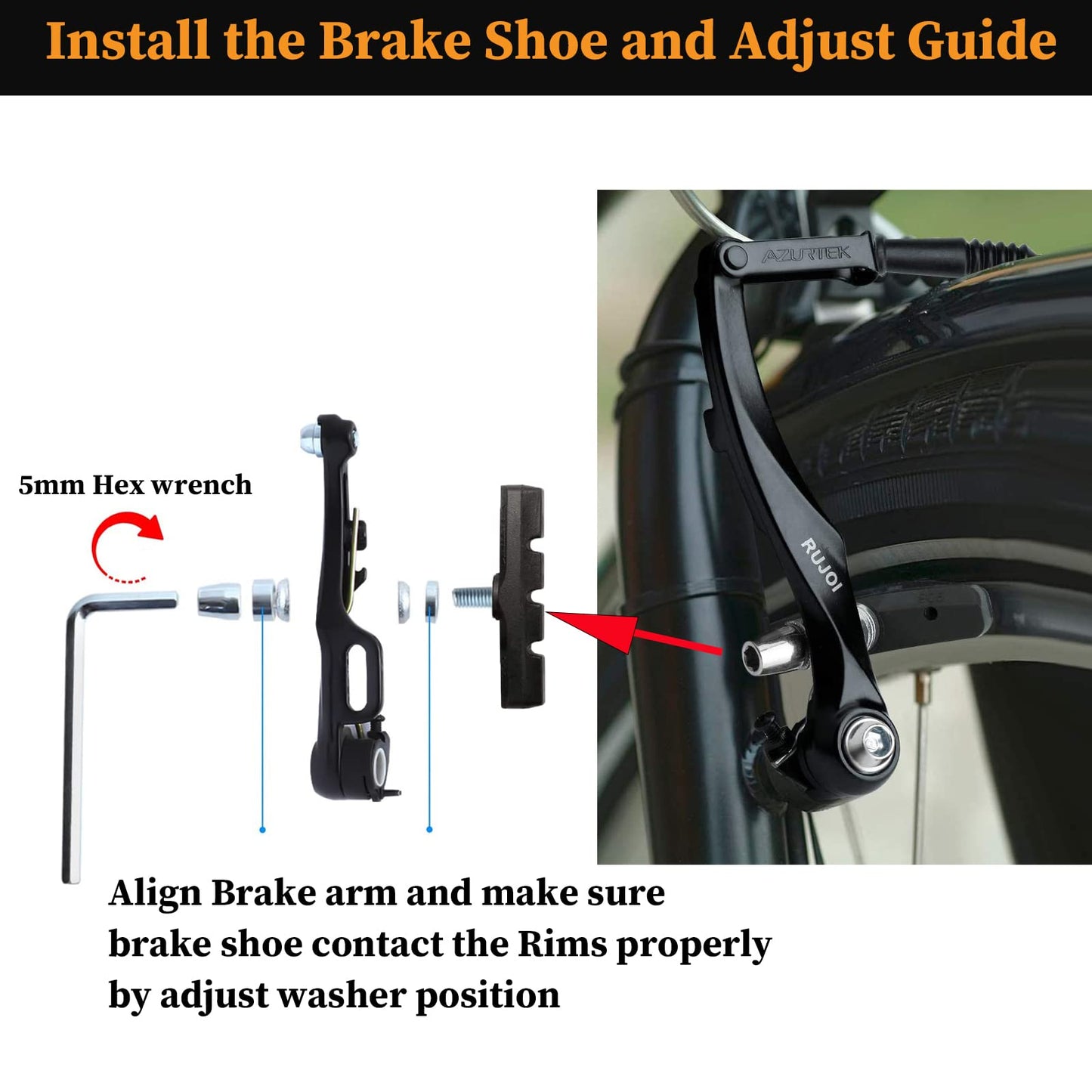 RUJOI Bike V-Brake Set, Aluminum Alloy 110 mm Arms, Front & Rear Calipers with 4 V-Brake Pads and Mounting Bolts, Universal Fit for MTB/BMX/Road, Black