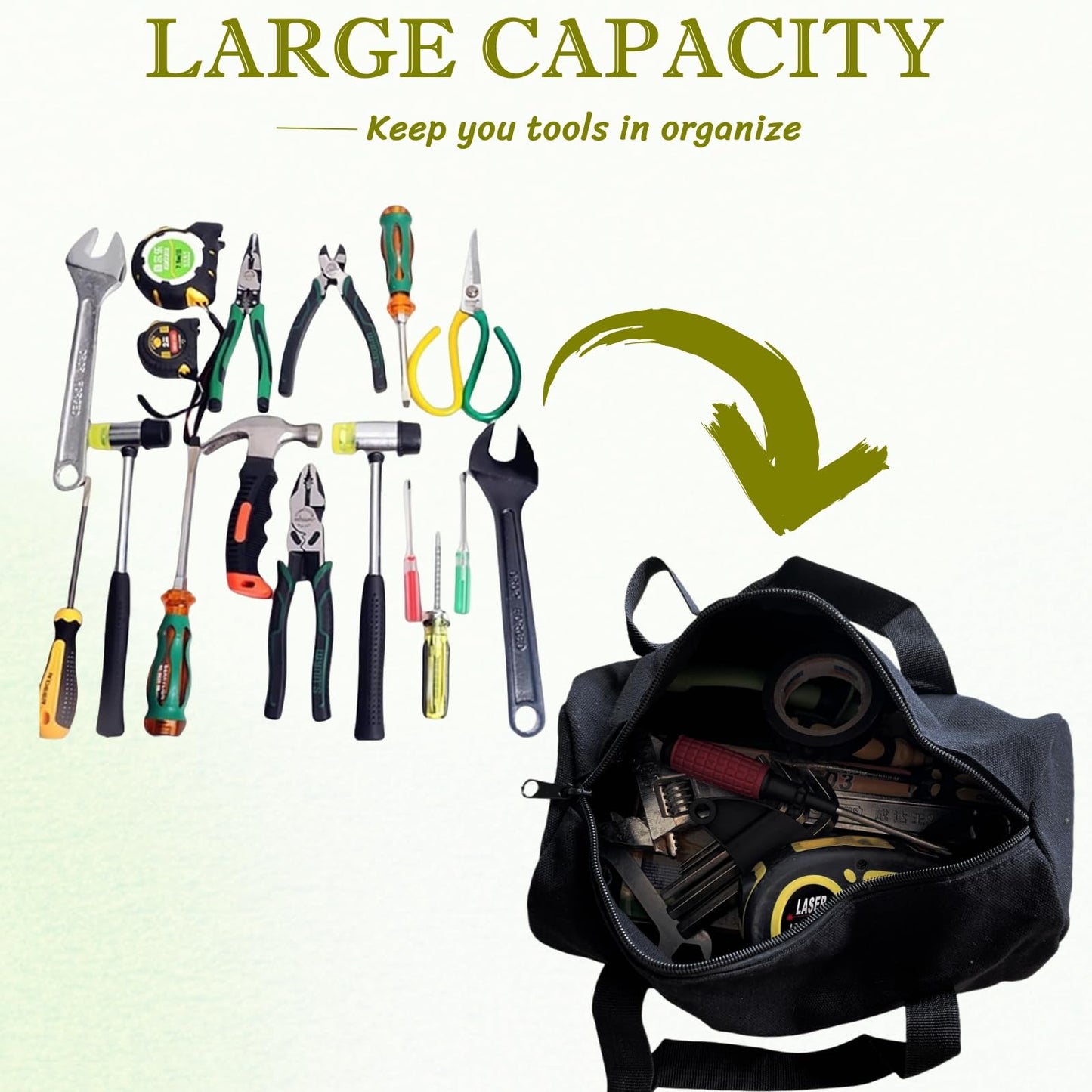 14 Inch Small Tool Bags for Men,Wide Mouth Zipper Tool Storage Bag,Large Capacity Canvas Tool Tote Bag,Portable Multi-Function Tool bag for Storage Wrenches,Screwdrivers,Repair Tools (Black)