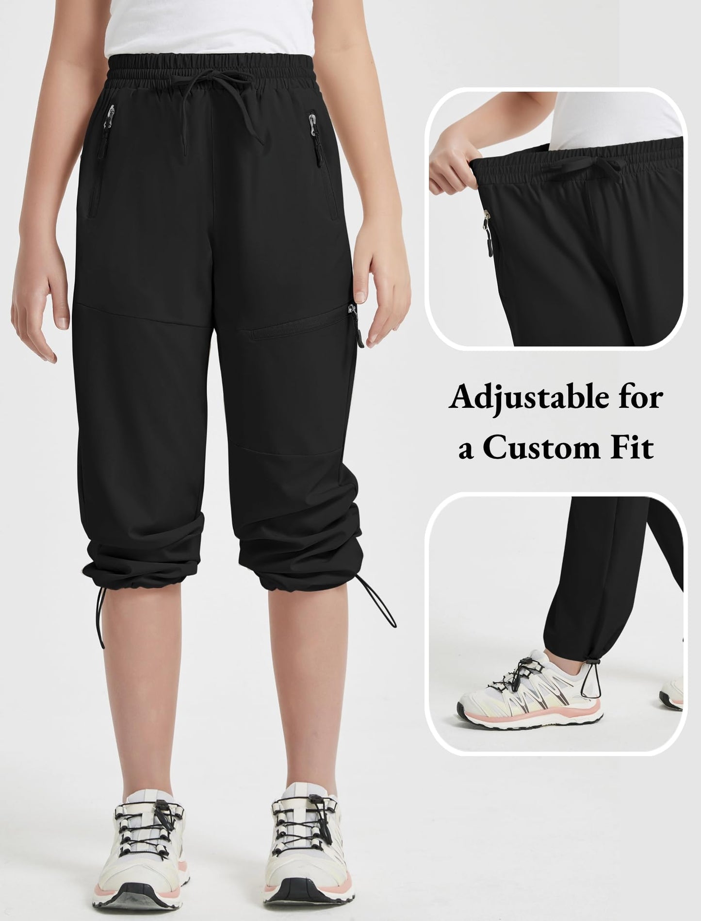 EXARUS Girls Hiking Pants Kids Quick Dry Waterproof Cargo Lightweight Athletic Summer Camp Joggers High Waisted Zip Pockets Black 12Y