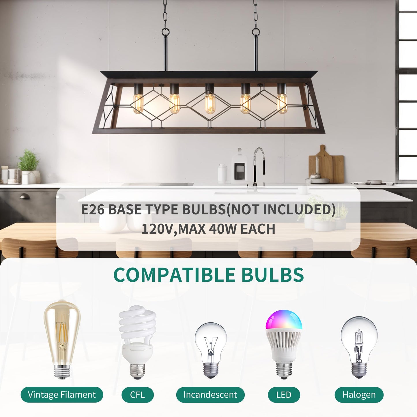 YITAHOME 5-Light Pendant Lights Island Fixture, Farmhouse Rustic Rectangular Chandelier for Dining Room, Kitchen, Living Room, Entryway, UL Listed, Bronze