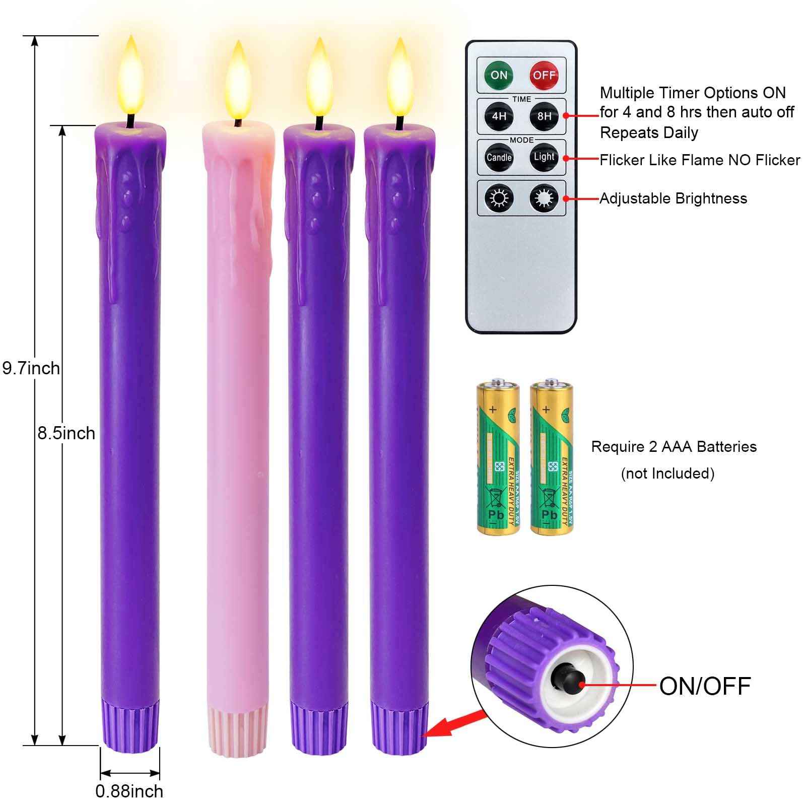 Abkshine Set of 4 LED Christmas Candle Lights, Battery Operated Taper Candles for Advent Wreath, 3 Purple 1 Rose Flickering Wax Flameless Candles for Holiday School Church Celebration