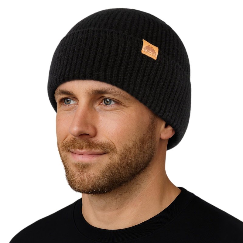 TOP-EX XL Winter Merino Wool Cuffed Beanie Hat for Men Women Warm Fleece-Lined Knit Skull Cap for Hiking Running Skiing Snow Thermal Hat for Cold Weather Extra Large for Big Head Black L/XL