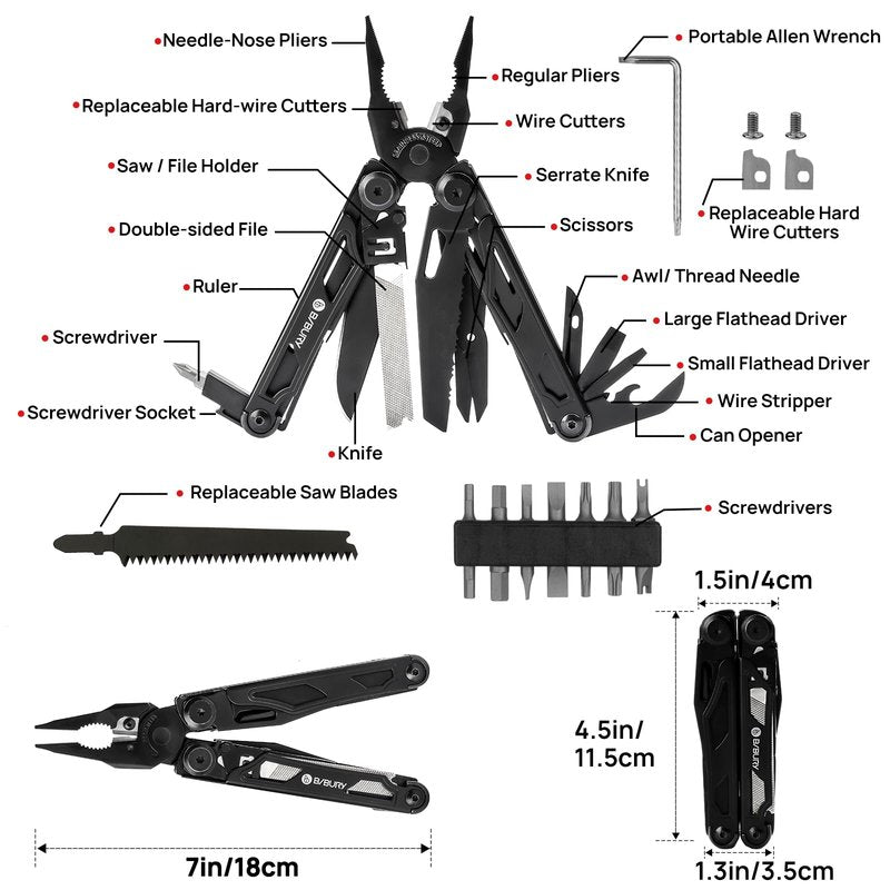 BIBURY Multitool Pliers Pro BI2045AB, Stainless Steel Foldable Multi Tool with Upgraded Scissors and Screwdriver, Multitools with Replaceable Wire Cutters and Saw, Ideal for Camping,Fishing,Survival