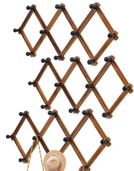 Bohexyu Accordion Wall Hanger, Wood Expandable Wall Mounted Hanger with 10 Hooks for Coats,Hats,Coffee Mug Ect,3 Packs Included,30 Pegs, Walnut Color,Retro Style