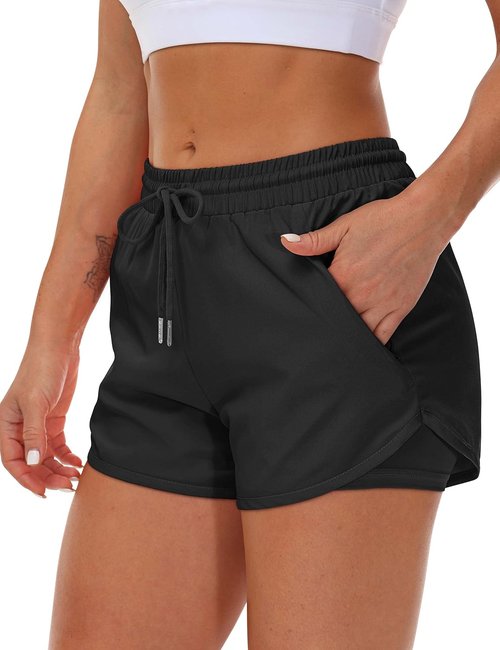 Mancreda Women's Running Shorts - Elastic Workout Shorts with 3 Zipper Pockets | Gym & Yoga