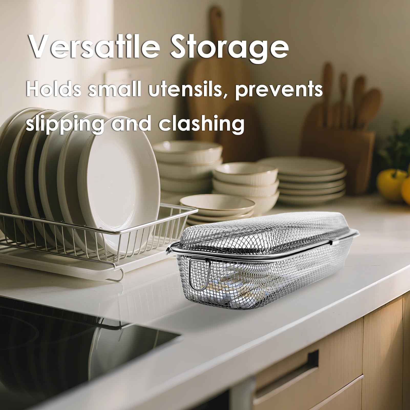 Dishwasher Basket, 18/8 Food-Grade Stainless Steel Dishwasher Basket for Small Item, Bottle Accessories, Scoops, Forks, Chopsticks Cleaning, Silver (Dual-Tier Large)