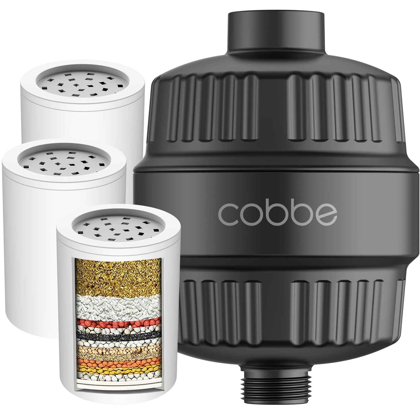Cobbe High Output Shower Filter for Hard Water - 2 Replaceable Cartridges - Removing Chlorine and Harmful Substance, and Dramatically Improves The Condition of Your Skin, Hair and Nails - Matte Black