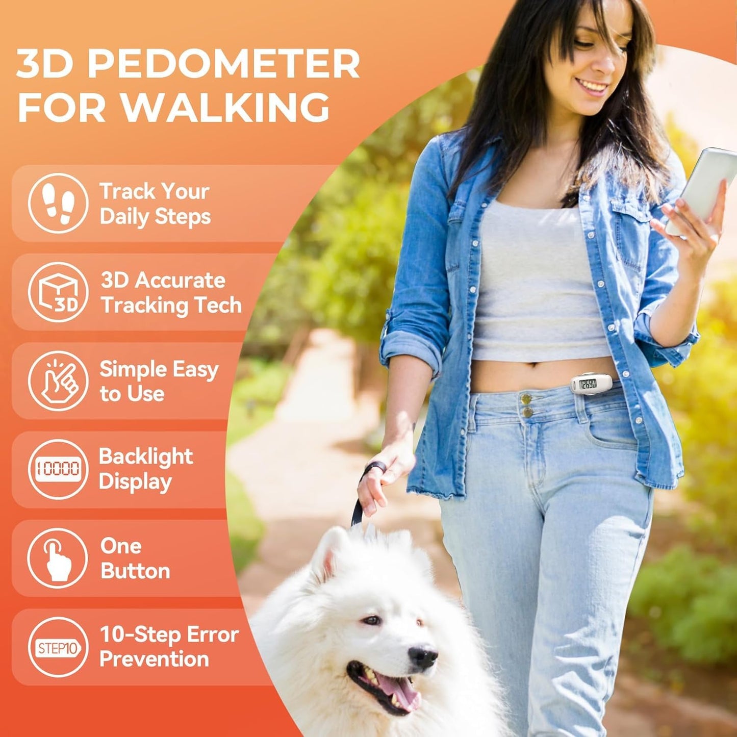 3D Pedometer for Walking, Simple Walking Step Counter with Removable Clip and Strap, USB Rechargeable Step Tracker with Backlight, Accurate Step Counter for Men Women Seniors - White