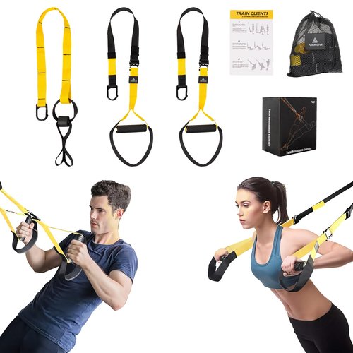 Home Resistance Training Kit, Resistance Trainer Fitness Straps for Full-Body Workout, Bodyweight Resistance Bands with Handles, Door Anchor, Workout Guide for Home Gym (Resistance) (Black, Yellow)