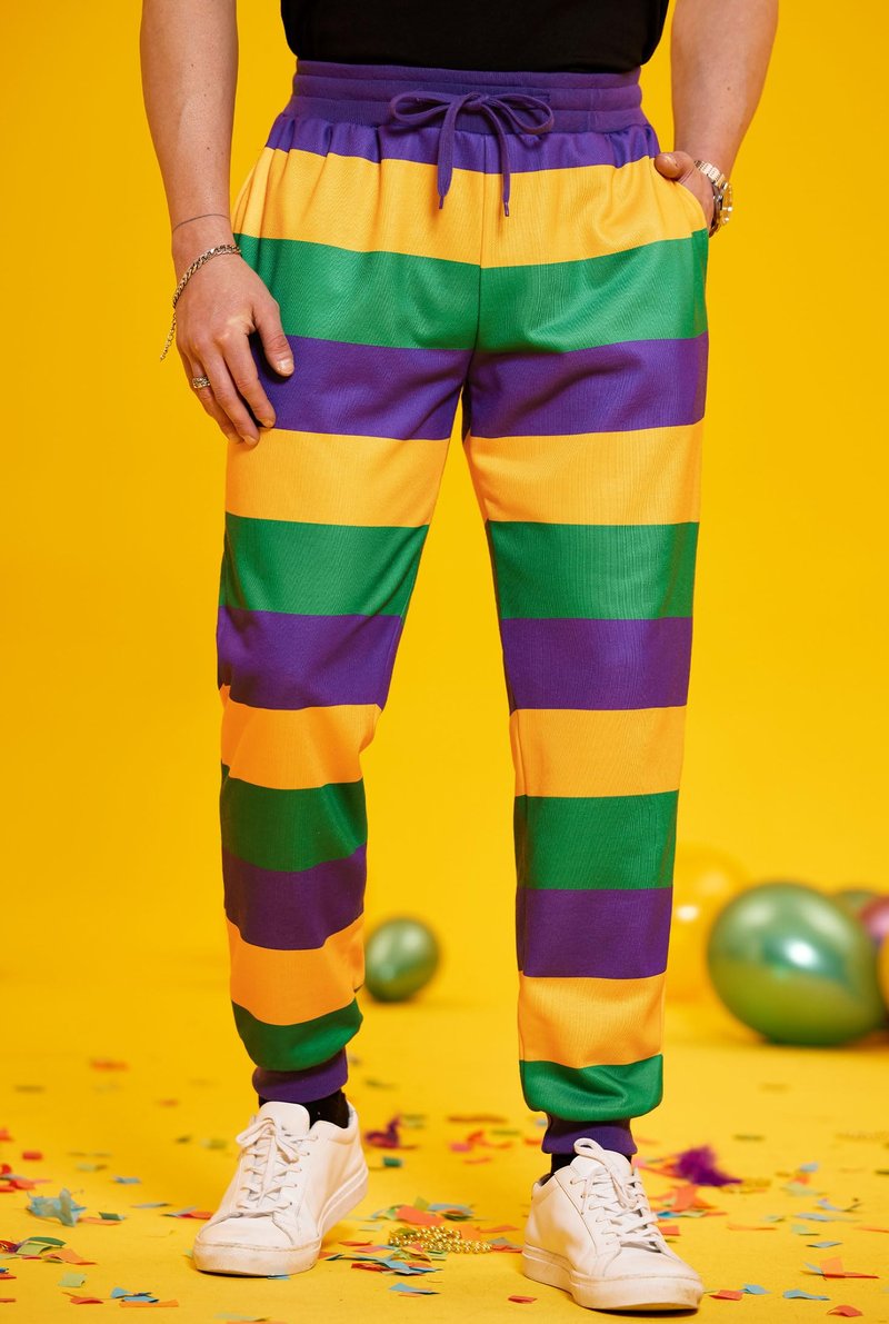 Arvilhill Men Mardi Gras Pants Funny Parade Purple Gold Green Party Sweatpants Fat Tuesday Casual Drawstring Joggers Striped XL