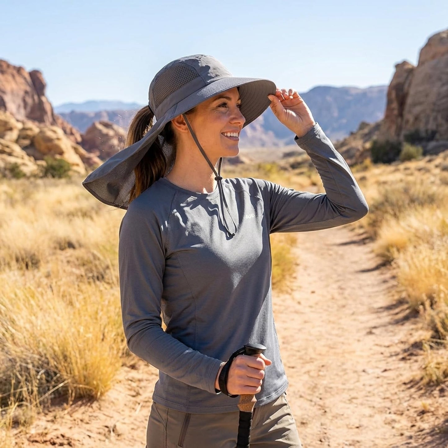 UV Sun Protection Hat Women Foldable Neck Flap Wide Brim Hiking Hat with Ponytail Hole for Women Dark-Gray