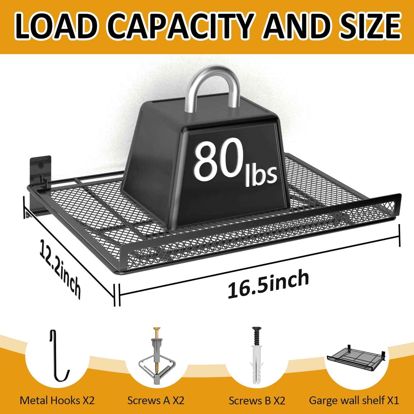 BABKAS Garage Wall Shelving, Metal Garage Wall Shelf with 2 Hooks, Heavy Duty Wall Shelves Mounted for Garage Storage, Laundry Room, Closet and Kitchen | Holds Up to 80 Lbs | 16.5" x 12.2"