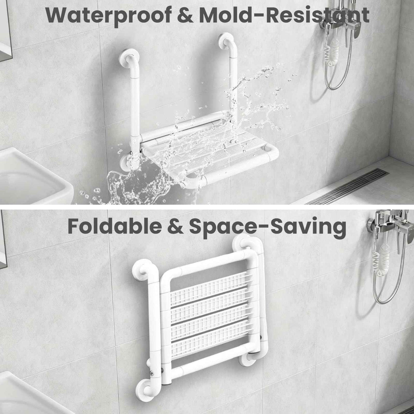 LELYFIT 16-Inch Wall Mounted Shower Seats with Armrests, Space-Saving Foldable Shower Bench for Small Bathrooms, Safety Wall-Mounted Foldable Shower Chair with Reflective Strips, Holds up to 330 lbs