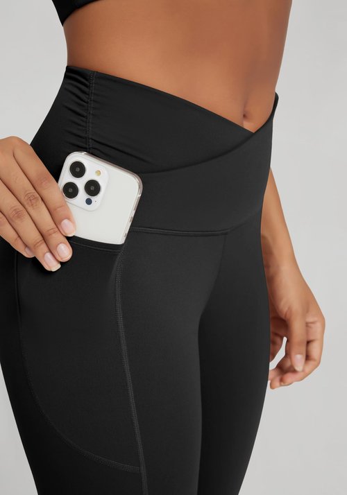 ODODOS Cloud Feeling Gathered Cross Waist Leggings with Pockets for Women 28" Crossover Lounge Yoga Pants, Black, Medium