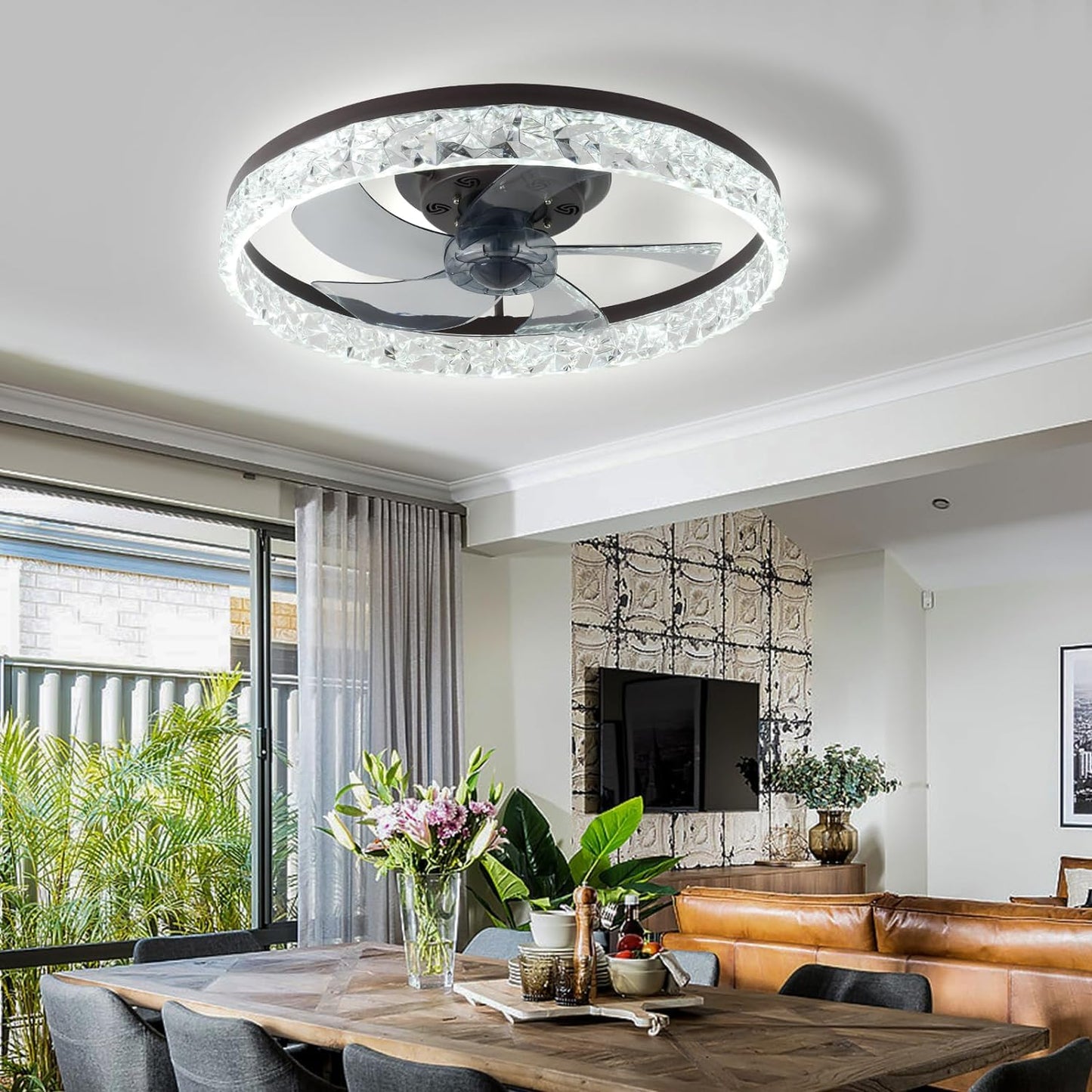 Cainjiazh 20" Low Profile Ceiling Fans with Lights and Remote Fandelier Ceiling Fan Flush Mount 3000K-6500K Smart Bladeless LED Fan Light Brown Modern Ceiling Fans with Lights for Bedroom