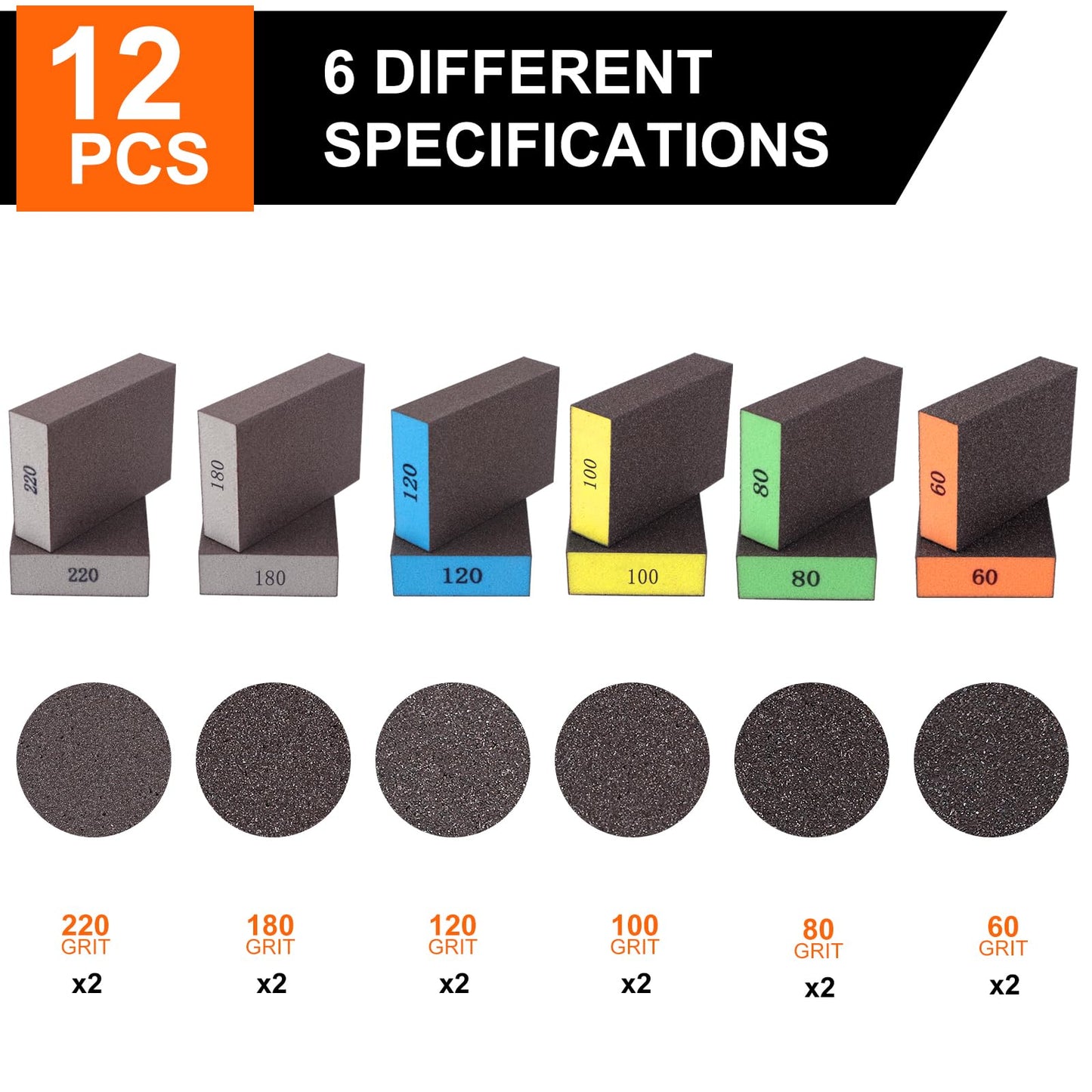 Romeda 12-Pack Sandpaper Block, Four Grits Per Pack 220/180/120/100/80/60, Washable and Reusable Handmade Sanding Sponge, Drywall Sandpaper Blocks for Wooden Drywall Sheetrock and Metal Glazing