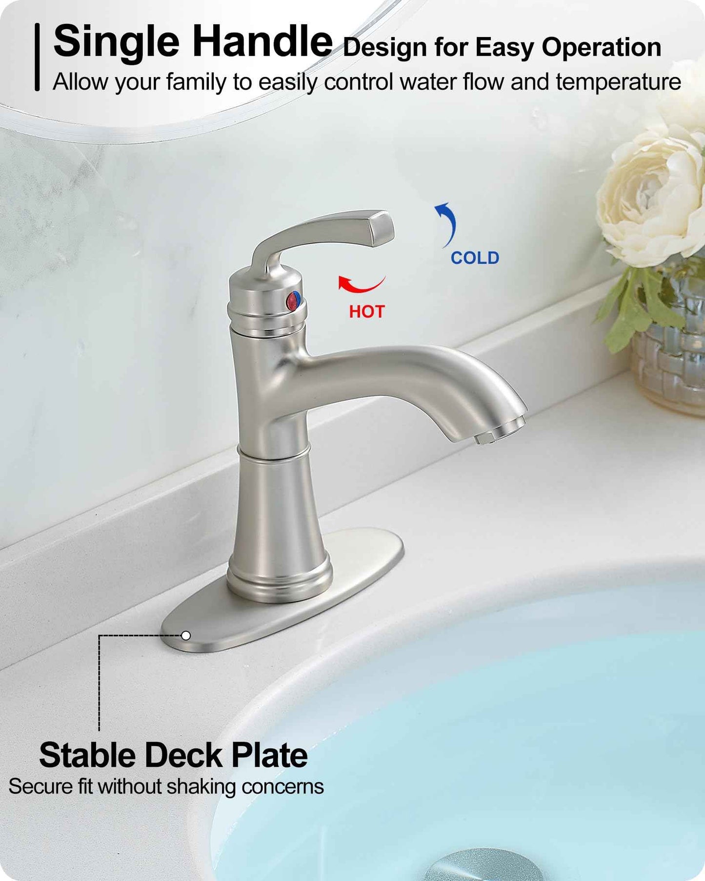 HEYMYTAP Brushed Nickel Bathroom Faucet Single Handle, Brass Bathroom Vanity Faucet 4 Inch Bathroom Sink Faucet 1 Hole or 3 Holes, Bathroom Faucets with Deck Plate & Pop-up Drain, No Noise