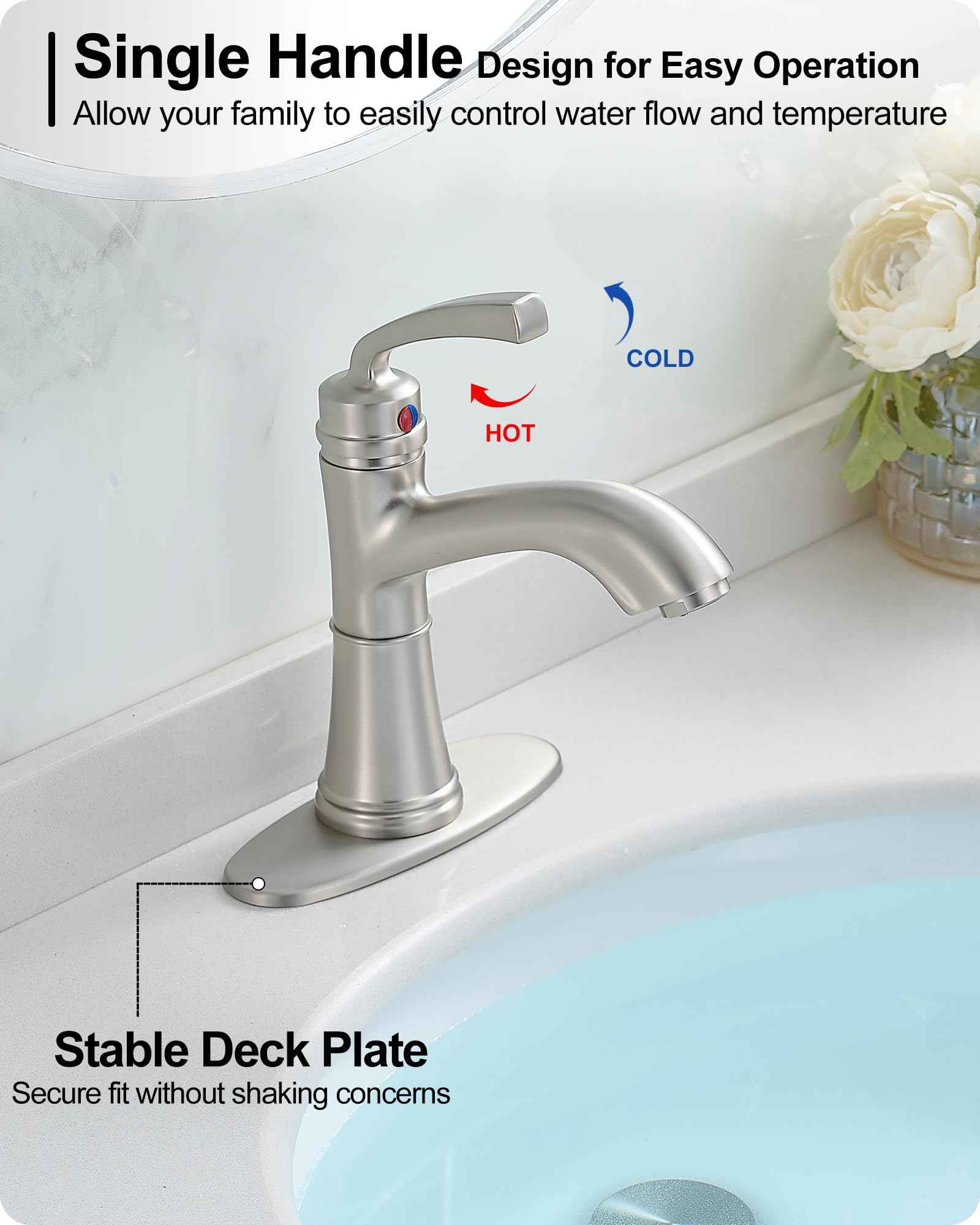 HEYMYTAP Brushed Nickel Bathroom Faucet Single Handle, Brass Bathroom Vanity Faucet 4 Inch Bathroom Sink Faucet 1 Hole or 3 Holes, Bathroom Faucets with Deck Plate & Pop-up Drain, No Noise