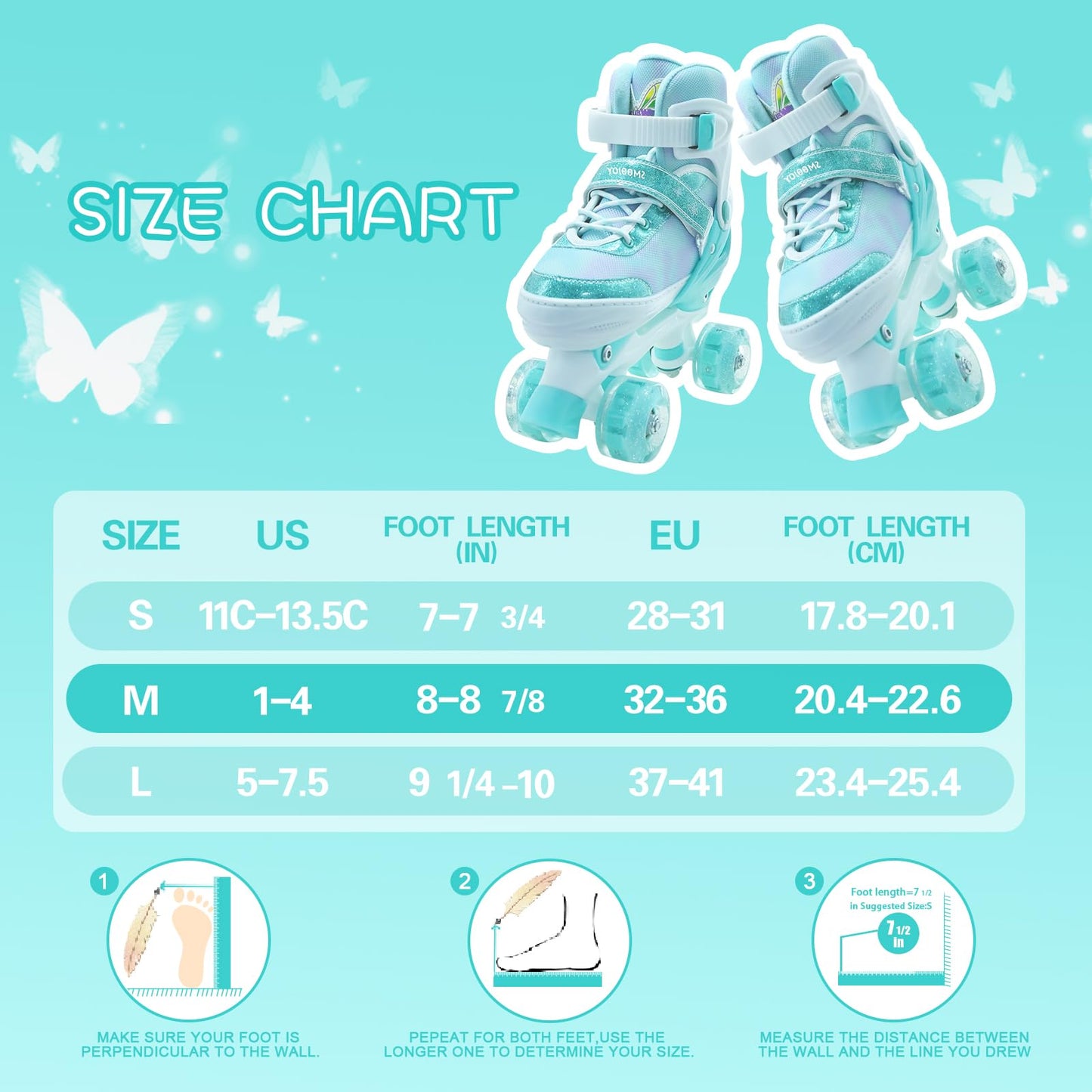 SMOOJOY Kids Roller Skates for Girls-Outdoor 4 Size Adjustable Butterfly Quad Rollerskates for Indoor Ages 3-15 Years Beginners Children's Birthday Gift with Light Up Wheels patines para niñas Indoor